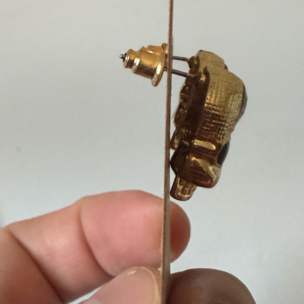 Gold and Black w/clear Rhinestone Skull Stud Earrings - Picture 2 of 5